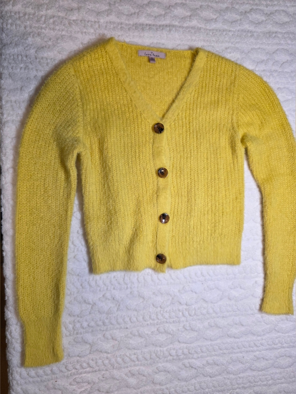 Love Tree Sunny Yellow Fuzzy V‑Neck Button Cardigan